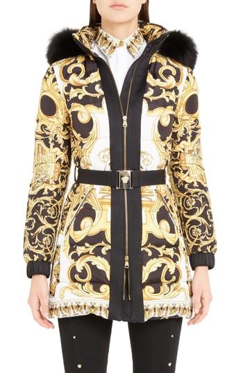 Women's Versace Stamp Print Genuine Fox Fur Trim Quilted Coat Us / 40 It - Metallic