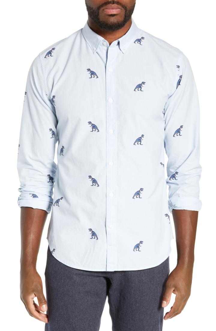 Men's Bonobos Washed Button Down Slim Fit T. Rex Print Sport Shirt R - Blue
