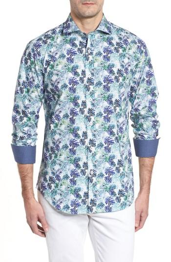 Men's Bugatchi Shaped Fit Blue Leaves Sport Shirt - Purple