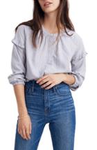 Women's Madewell Stripe Collarless Ruffle Sleeve Shirt, Size - Blue