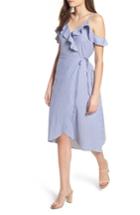 Women's Bp. Stripe Ruffle Wrap Dress, Size - Blue