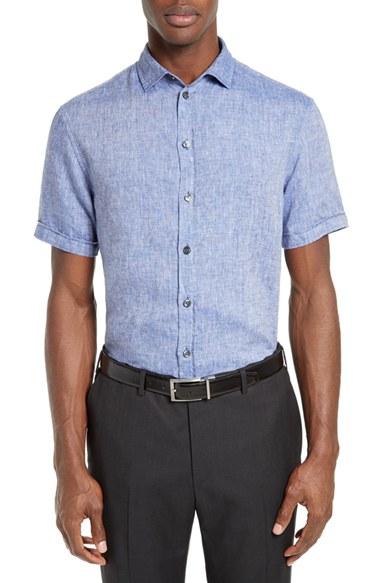 Men's Armani Collezioni Trim Fit Washed Linen Sport Shirt - Blue