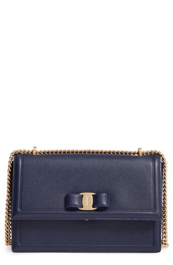 Salvatore Ferragamo Medium Grained Leather Bow Shoulder Bag - Blue