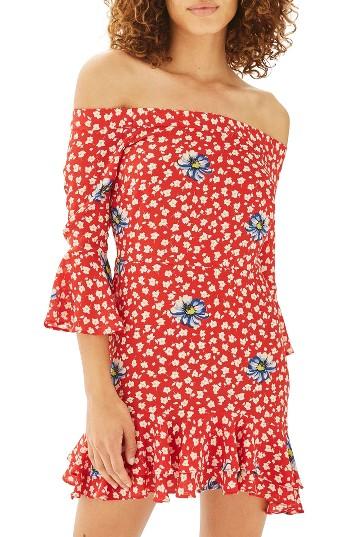 Women's Topshop Bardot Floral Ruffle Dress Us (fits Like 0) - Red