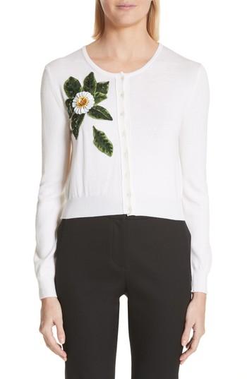 Women's Oscar De La Renta Sequin Leaf Wool Cardigan - White