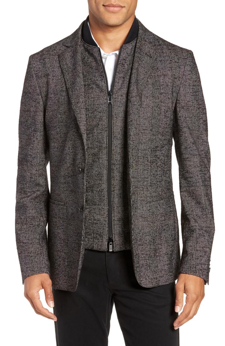 Men's Boss Nanon Trim Fit Plaid Wool Blend Sport Coat L - Black