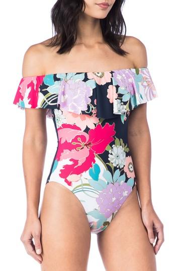 Women's Trina Turk Royal Botanical Off The Shoulder One-piece Swimsuit - Blue