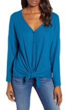Petite Women's Caslon Tie Front Cozy Knit Shirt, Size P - Blue