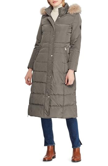 Women's Lauren Ralph Lauren Long Down Coat With Faux Fur Trim - Grey
