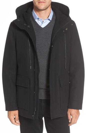 Men's Cole Haan Water Repellent Hooded Wool Jacket, Size - Black