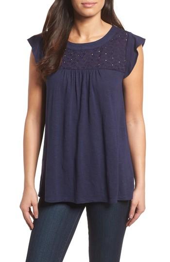 Women's Caslon Eyelet Detail Baby Doll Top, Size - Blue