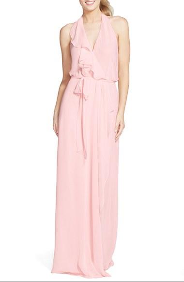 Women's Nouvelle Amsale 'erica' Ruffle Chiffon Halter Neck Wrap Gown - Pink