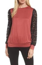 Petite Women's Bobeau Lace Sleeve Sweatshirt P - Red