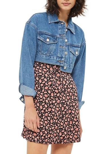 Women's Topshop Shrunken Crop Denim Jacket Us (fits Like 2-4) - Blue