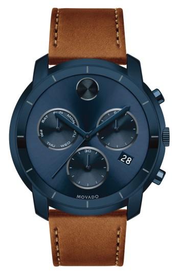 Men's Movado Bold Thin Chronograph Leather Strap Watch, 44mm