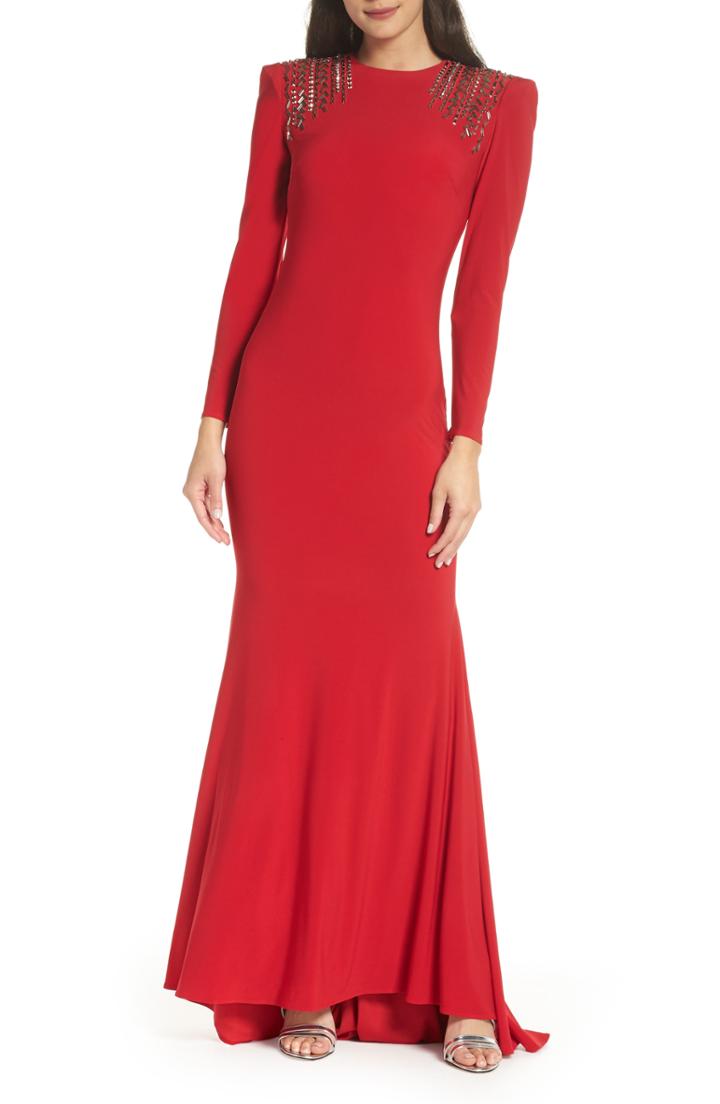 Women's Mac Duggal Embellished Shoulder Jersey Gown