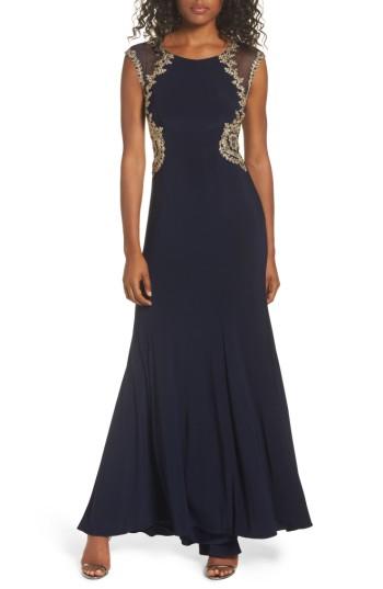 Petite Women's Xscape Embellished Jersey Gown P - Blue