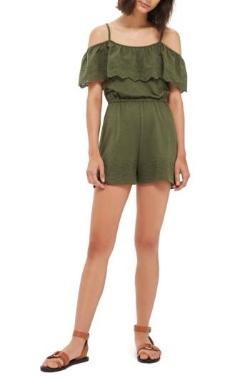 Women's Topshop Eyelet Ruffle Romper Us (fits Like 0) - Green