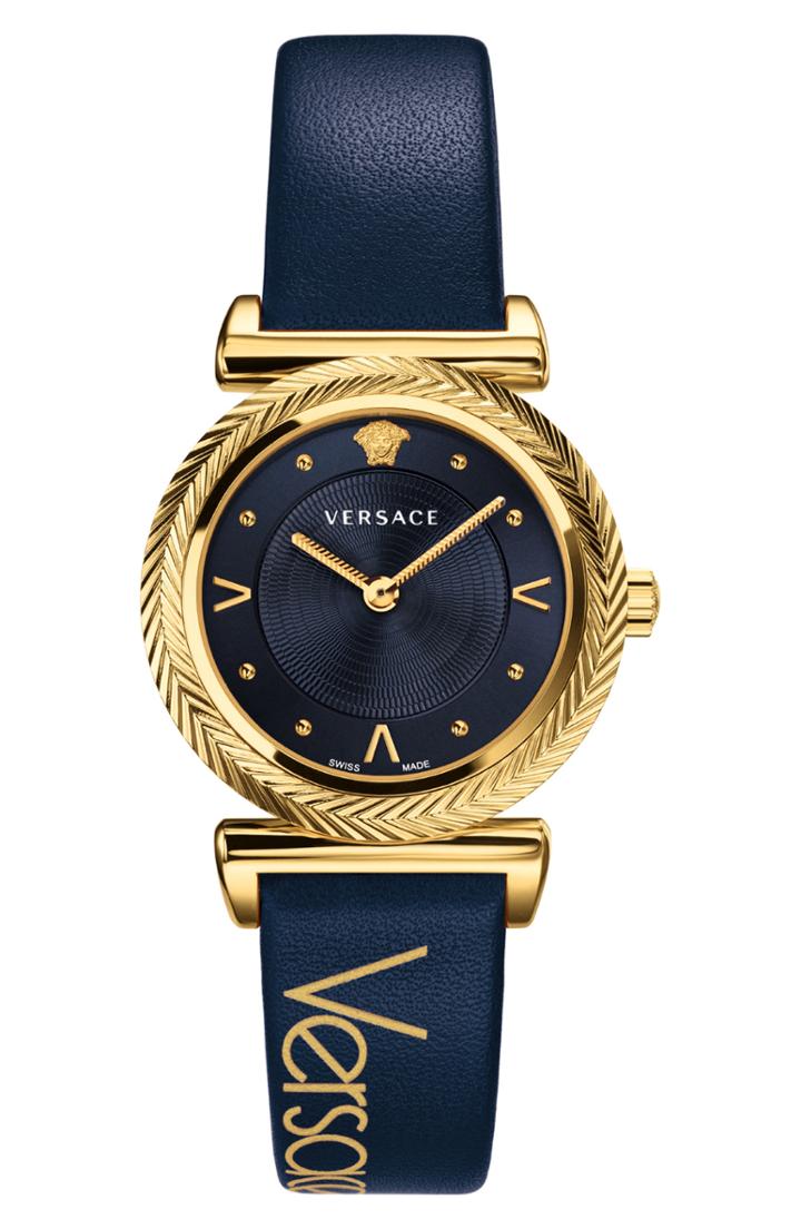 Women's Versace V Motif Leather Strap Watch, 35mm