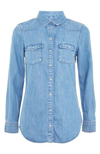 Women's Topshop Gigi Fitted Denim Western Shirt Us (fits Like 2-4) - Blue