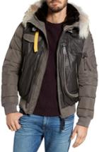 Men's Parajumpers Leather Trim Down Bomber Jacket With Genuine Coyote Fur & Faux Fur - Grey