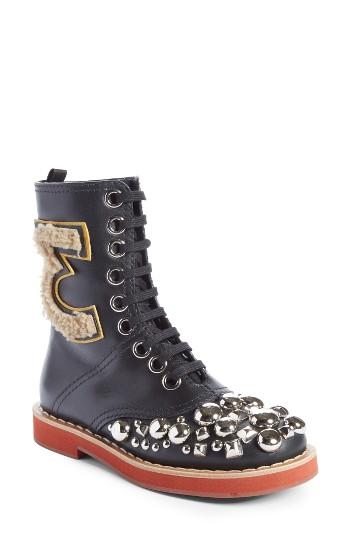 Women's Miu Miu Genuine Shearling Trim Studded Lace-up Boot .5us / 36.5eu - Black