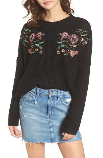 Women's Woven Heart Embroidered Floral Sweater - Black