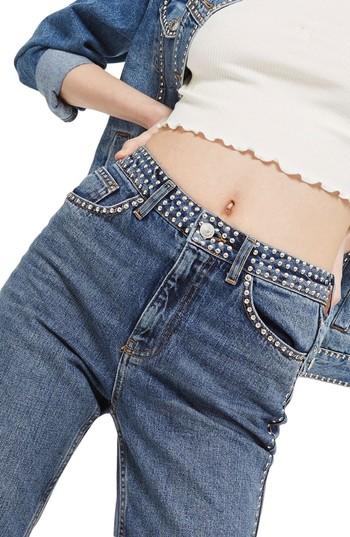Women's Topshop Mid Denim Studded Mom Jeans W X 30l (fits Like 31-32w) - Blue