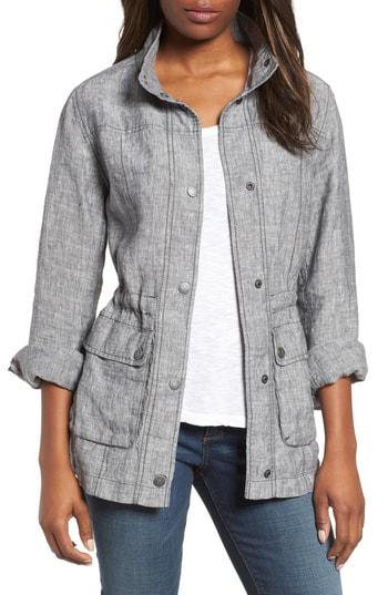 Women's Caslon Cinch Waist Linen Utility Jacket - Black