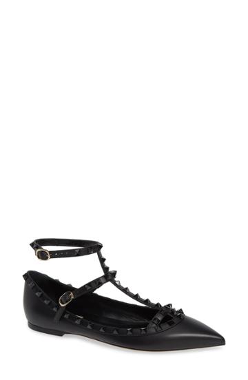Women's Valentino Garavani Rockstud Double Ankle Strap Pointy Toe Flat Us / 34eu - Black