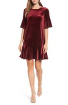 Petite Women's Halogen Ruffle Trim Velvet Dress, Size P - Burgundy