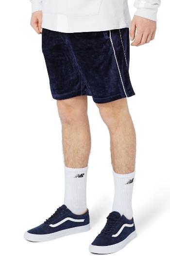 Men's Topman Piped Velour Shorts - Blue