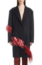 Women's Dries Van Noten Ostrich Feather Trim Wool Blend Reefer Coat Us / 36 Fr - Blue