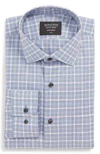 Men's Nordstrom Men's Shop Trim Fit Non-iron Plaid Dress Shirt - 32/33 - Blue
