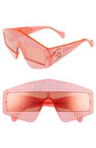 Women's Gucci 99mm Embellished Shield Sunglasses - Dark Havana/ Crystal