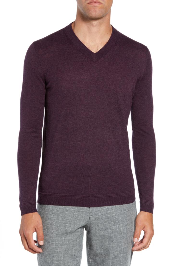 Men's Ted Baker London Noel Slim Fit V-neck Wool Blend Sweater (l) - Purple