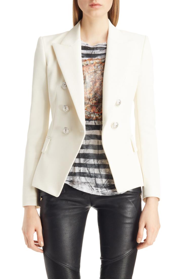 Women's Balmain Double Breasted Wool Blend Blazer Us / 42 Fr - White