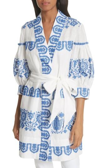 Women's Milly Mykonos Embroidered Tie Waist Linen Dress, Size - White