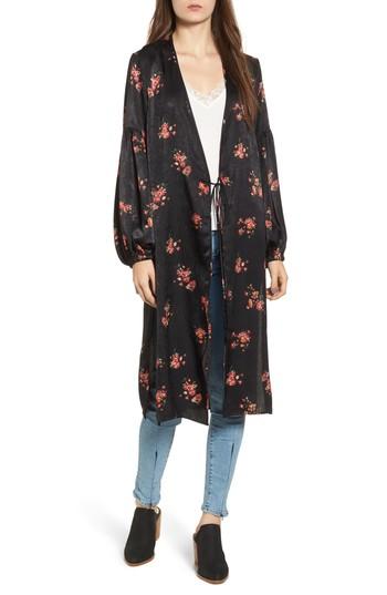 Women's Tie Front Floral Print Duster - Black