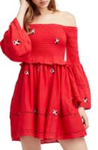 Women's Free People Counting Daisies Embroidered Off The Shoulder Dress - Red