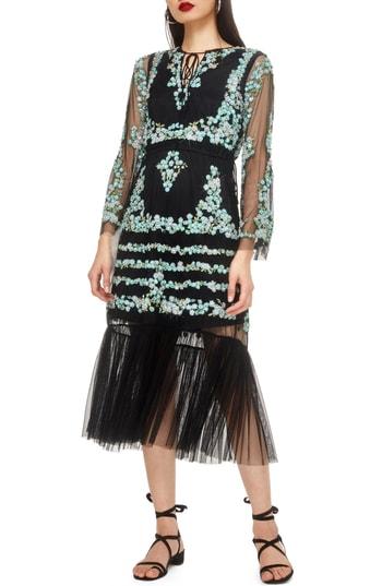 Women's Topshop Flower Mesh Midi Dress Us (fits Like 0) - Black