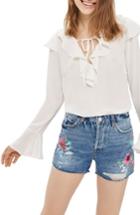 Women's Topshop Ashley Floral Painted Denim Shorts Us (fits Like 0-2) - Blue
