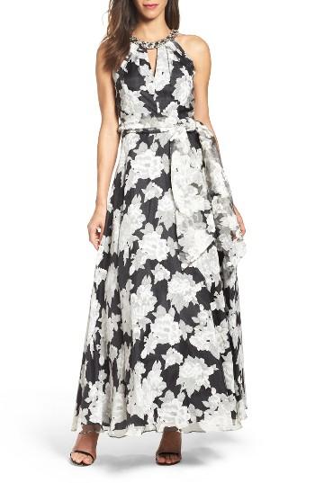 Women's Eliza J Embellished Burnout Organza Halter Ballgown - Black