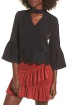 Women's Moon River Lace Hem Bell Sleeve Top - Black