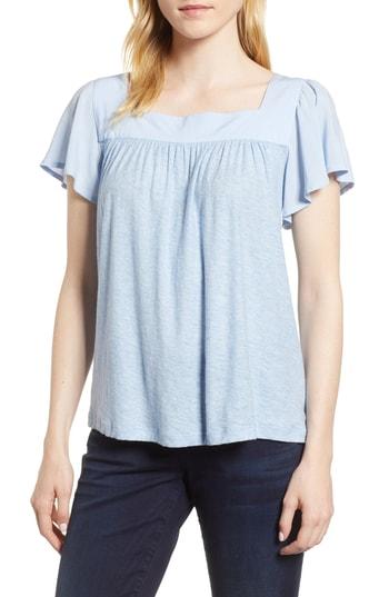 Women's Vince Camuto Ruffle Sleeve Mix Media Cotton Blend Blouse - Blue