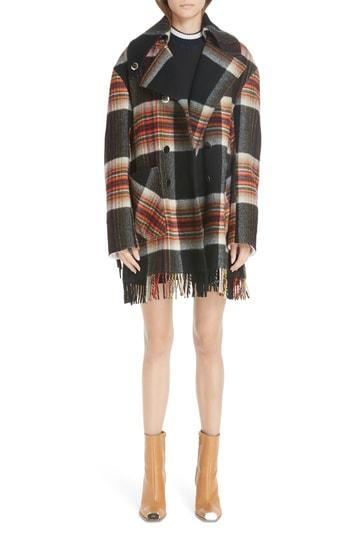 Women's Calvin Klein 205w39nyc X Pendleton Fringe Plaid Blanket Coat Us / 44 It - Black