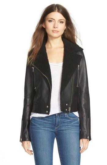 Women's Paige Denim 'rooney' Leather Jacket With Faux Shearling Collar - Black