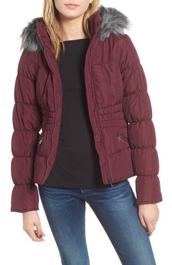 Women's Maralyn & Me Faux Fur Trim & Fleece Lined Puffer Jacket - Burgundy