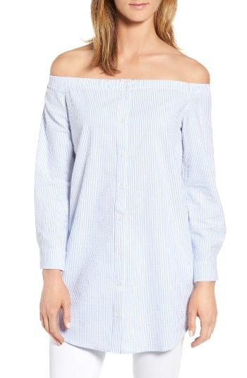 Petite Women's Caslon Off The Shoulder Seersucker Tunic P - Blue