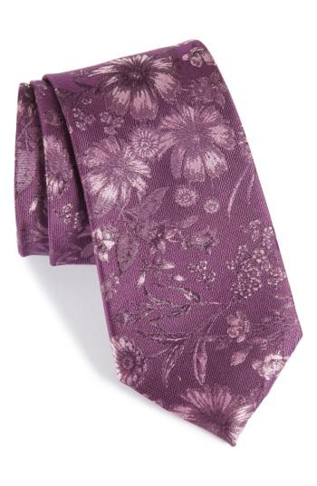 Men's Calibrate Fletcher Floral Print Silk & Cotton Tie, Size - Purple